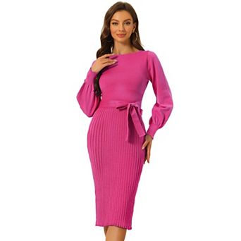 Women's Knit Belted Dress Crew Neck Lantern Sleeves Casual Pleated Sweater Dresses