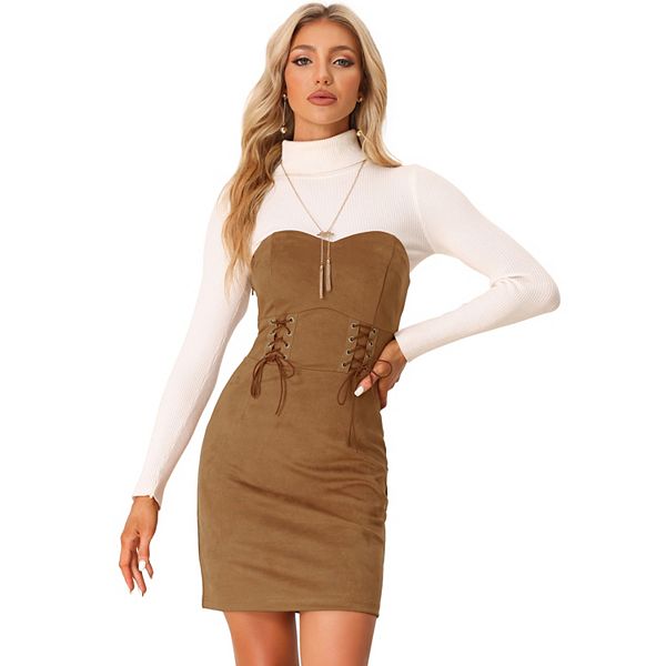 Faux Suede Flared Sleeve Lace Mini Dress