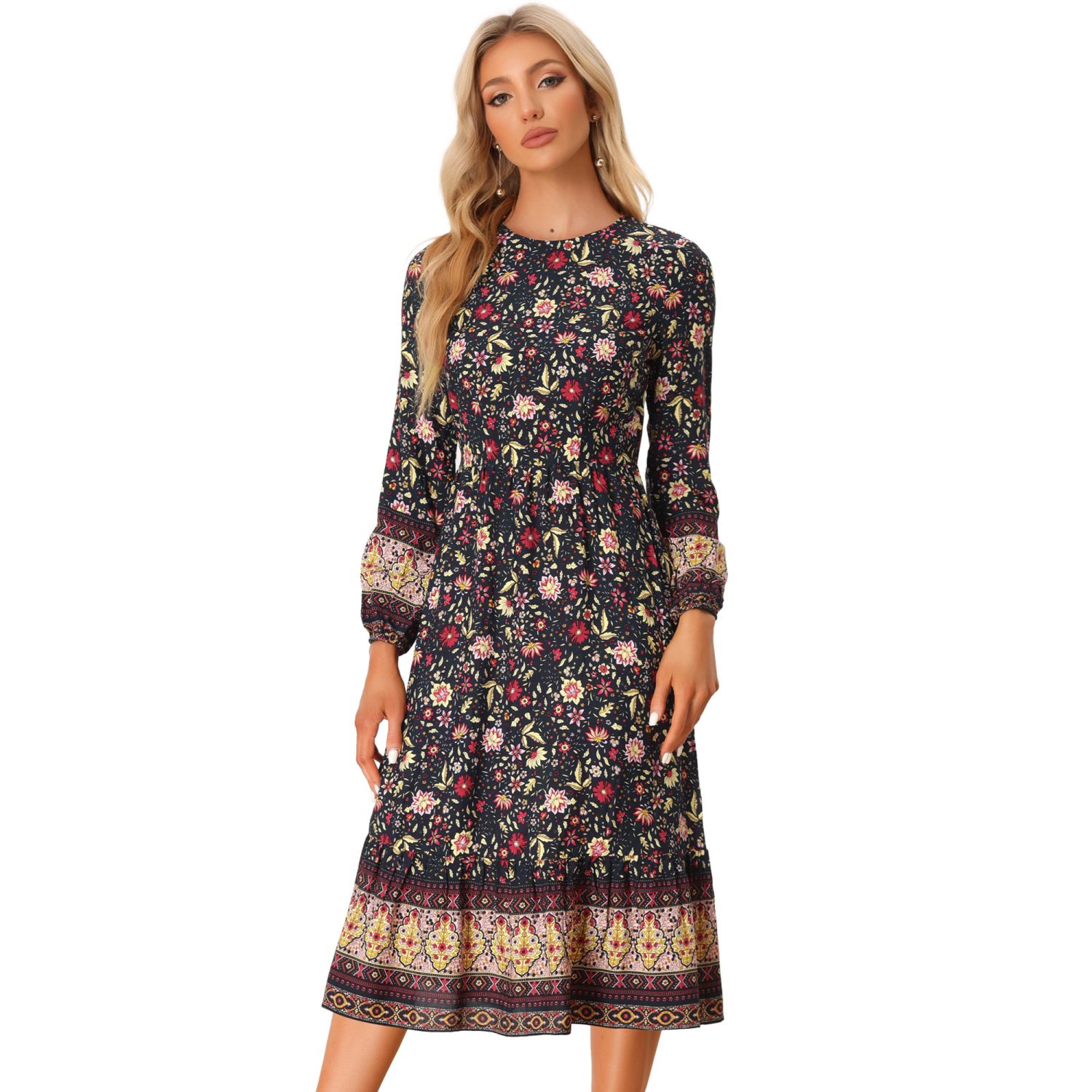 24seven Comfort Apparel Women's Floral Print Long Sleeve Side Slit Maxi  Dress