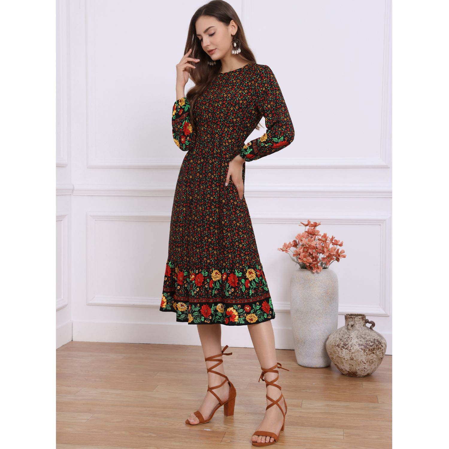 Women's Boho Floral Long Sleeves Maxi Dress