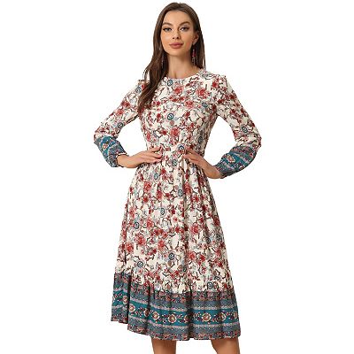 Boho Floral Elastic Waist Crew Neck Long Sleeve Maxi Dress, Apricot / XS