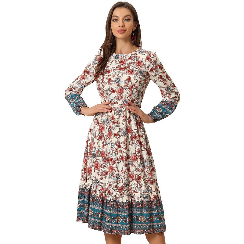 kohls boho dress Floral Elastic Waist Crew Neck Long Sleeve Maxi Dress, Apricot / M MasterSku:KA5M19P7 97% Polyester Yellow Satin Bridesmaids Prom 颜色:Multicolored Rose Apricot
