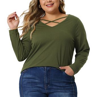 Plus Size Tops for Women Tshirts Cross V Neck Casual Long Sleeves Tshirt Top
