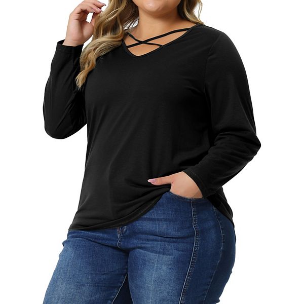 Plus Size Tops for Women Tshirts Cross V Neck Casual Long Sleeves ...