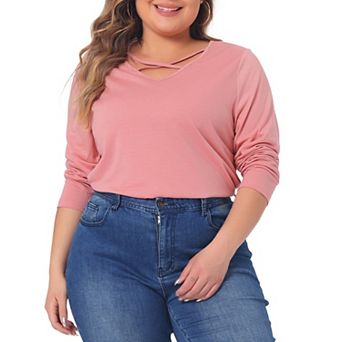 Plus Size Tops for Women Tshirts Cross V Neck Casual Long Sleeves Tshirt Top