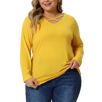 Plus Size Tops for Women Tshirts Cross V Neck Casual Long Sleeves Tshirt Top