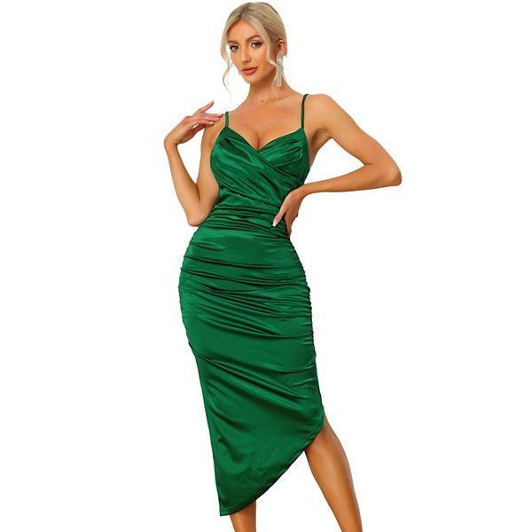 Women's Sexy One Shoulder Dresses Sleeveless Party Club Ruched Cocktail Wedding Guest Bodycon Midi Dress, Black, S