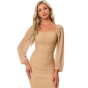 Women's Ruched Party Mini Bodycon Mesh Long Sleeve Dress