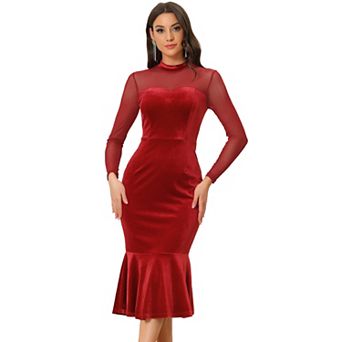 Bodycon Dress for Women Elegant Velvet Sheer Mesh Mock Neck Midi Cocktail Dresses