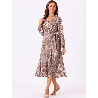 Women's Floral Long Sleeve Wrap Tie Waist Ruffle Split Hem Boho Maxi Dress