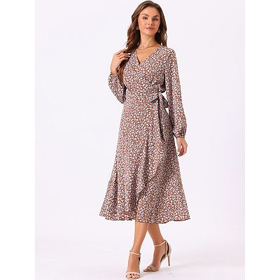 Floral Long Sleeve Wrap Tie Waist Ruffle Split Hem Boho Maxi Dress, Yellow / XL