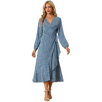 Women's Floral Long Sleeve Wrap Tie Waist Ruffle Split Hem Boho Maxi Dress