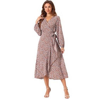 Women's Floral Long Sleeve Wrap Tie Waist Ruffle Split Hem Boho Maxi Dress