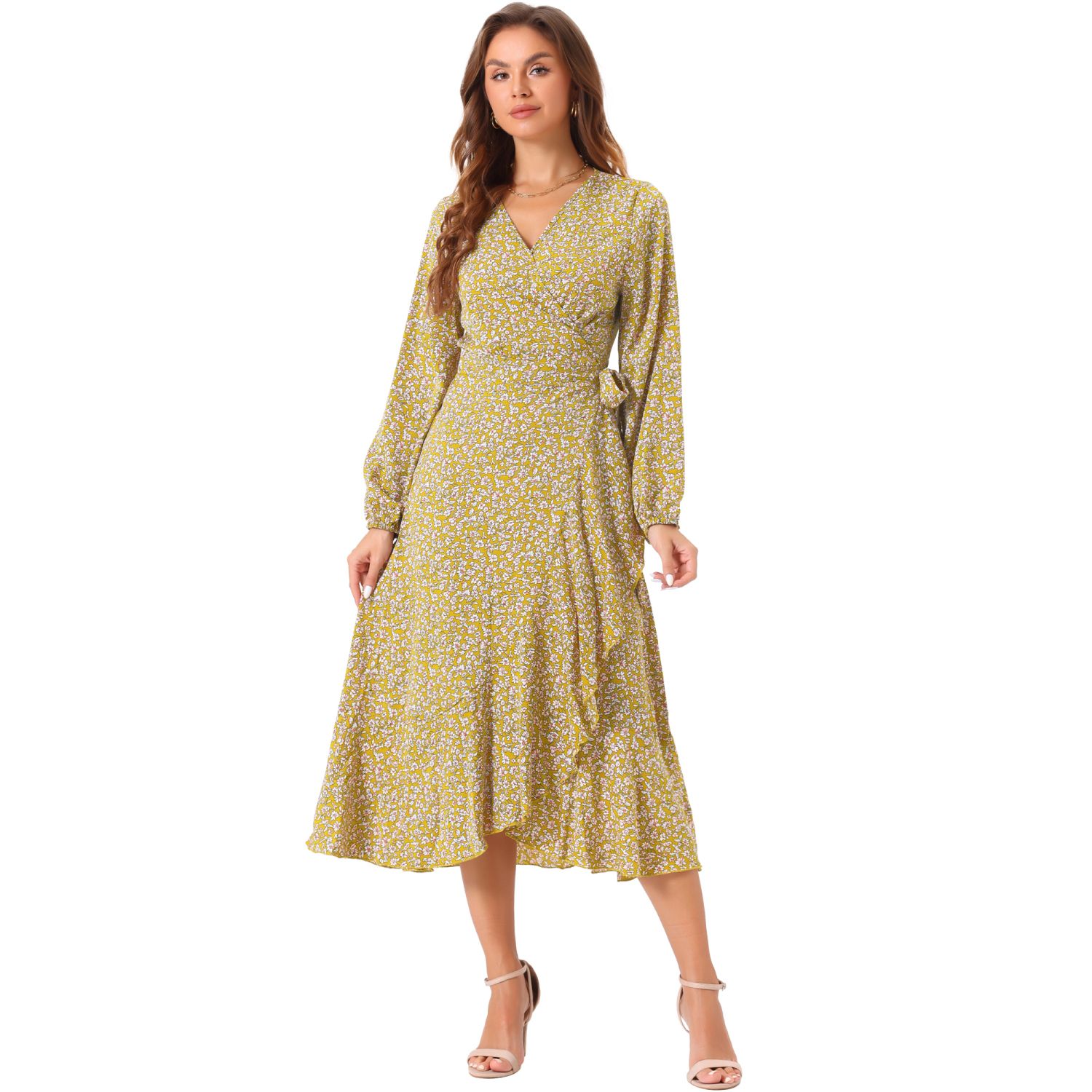 Allegra K Women's Floral Long Sleeve Wrap Tie Waist Ruffle Split Hem Boho Maxi Dress Yellow Large