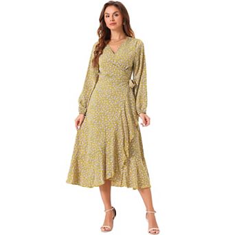 Women's Floral Long Sleeve Wrap Tie Waist Ruffle Split Hem Boho Maxi Dress