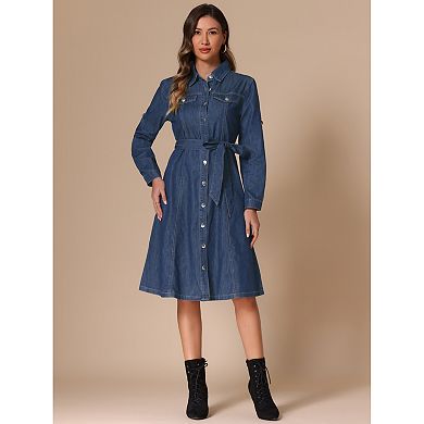 Denim Shirt Dress for Women's Button Down Long Sleeve Belted Classic Jean Dresses
