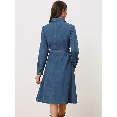 Denim Shirt Dress For Women s Button Down Long Sleeve Belted Classic Jean Dresses