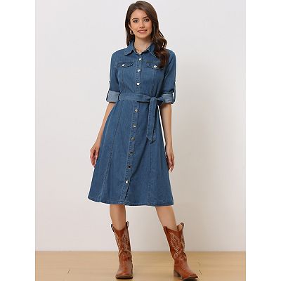 Denim Shirt Dress For Women s Button Down Long Sleeve Belted Classic Jean Dresses