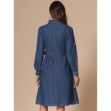 Denim Shirt Dress for Women's Button Down Long Sleeve Belted Classic Jean Dresses