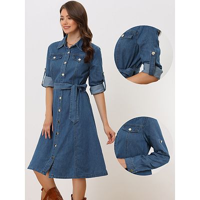 Fashion long sleeve belted denim dress