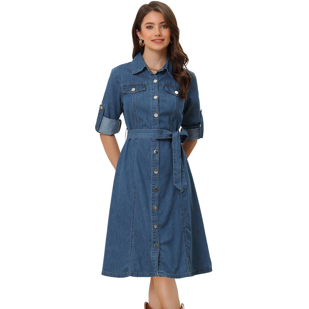 Denim Shirt Dress for Women's Button Down Long Sleeve Belted