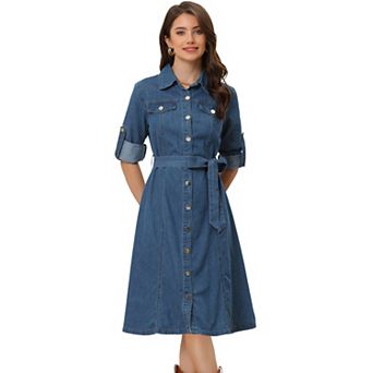 Denim Shirt Dress for Women's Button Down Long Sleeve Belted Classic Jean Dresses