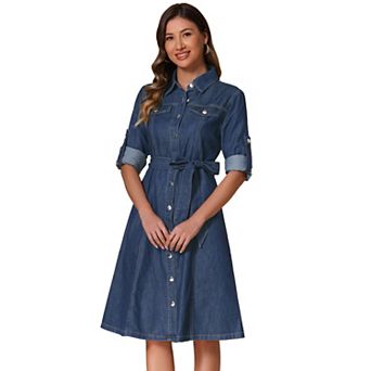 Denim Shirt Dress for Women's Button Down Long Sleeve Belted Classic Jean Dresses