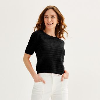 Women's Draper James Short Sleeve Scallop Trim Pointelle Sweater