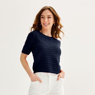 Women's Draper James Short Sleeve Scallop Trim Pointelle Sweater