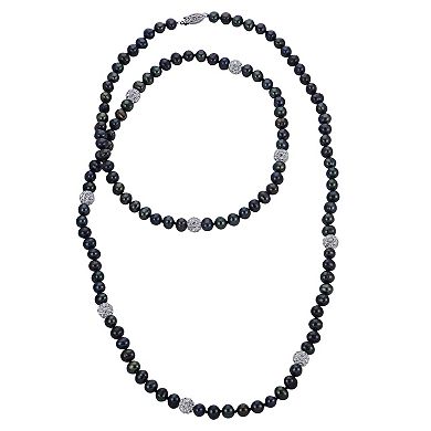 PearLustre by Imperial Sterling Silver Dyed Black Freshwater Cultured Pearl & Crystal Bead Necklace