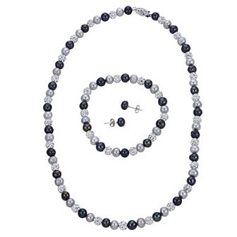 PearLustre by Imperial Sterling Silver Dyed Black, White & Gray Freshwater Cultured Pearl & Crystal Bead Necklace, Stretch Bracelet & Stud Earrings Set