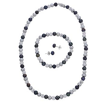 PearLustre by Imperial Sterling Silver Dyed Black, White & Gray Freshwater Cultured Pearl & Crystal Bead Necklace, Stretch Bracelet & Stud Earrings Set