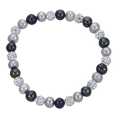 PearLustre by Imperial Sterling Silver Dyed Black, White & Gray Freshwater Cultured Pearl & Crystal Bead Necklace, Stretch Bracelet & Stud Earrings Set