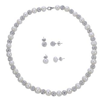 PearLustre by Imperial Sterling Silver Freshwater Cultured Pearl & Crystal Bead Necklace & Stud Earrings Duo Set