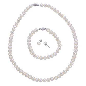 PearLustre by Imperial Sterling Silver Freshwater Cultured Pearl Necklace, Bracelet, and Earrings Set