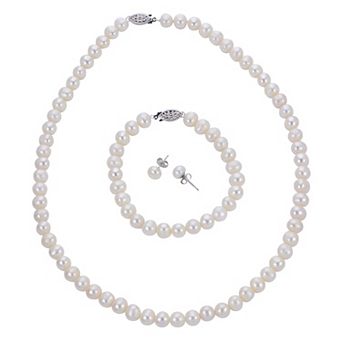 PearLustre by Imperial Sterling Silver Freshwater Cultured Pearl Necklace, Bracelet, and Earrings Set