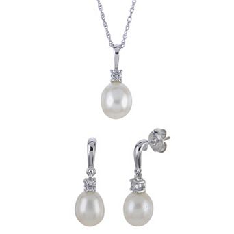 PearLustre by Imperial Sterling Silver Freshwater Cultured Pearl & White Topaz Pendant and Earrings Set
