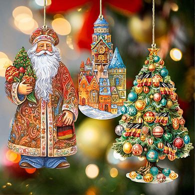 Santa Around The World - German Santa - Christmas Wooden Ornaments Set Of 3 By G. Debrekht