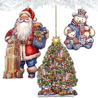 Santa Around The World - American Santa - Christmas Wooden Ornaments Set Of 3 By G. Debrekht