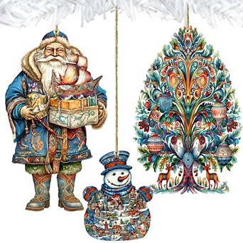 Santa Around The World - Nordic Santa - Christmas Wooden Ornaments Set Of 3 By G. Debrekht