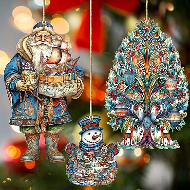 Santa Around The World - Nordic Santa - Christmas Wooden Ornaments Set Of 3 By G. Debrekht