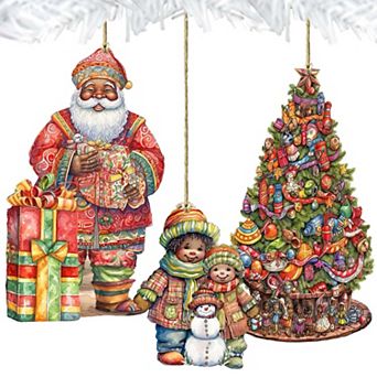 Santa Around The World - African-american Santa - Christmas Wooden Ornaments Set Of 3 By G.debrekht