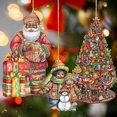 Santa Around The World - African-american Santa - Christmas Wooden Ornaments Set Of 3 By G.debrekht