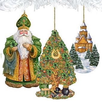 Santa Around The World - Irish Santa - Christmas Wooden Ornaments Set Of 3 By G. Debrekht