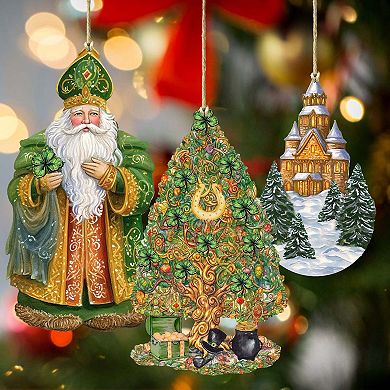 Santa Around The World - Irish Santa - Christmas Wooden Ornaments Set Of 3 By G. Debrekht