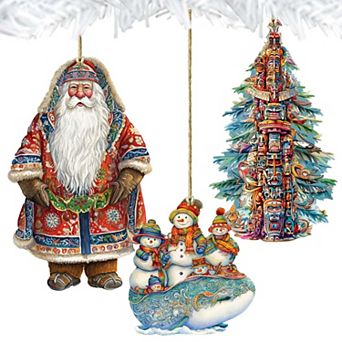 Santa Around The World - Alaskan Santa - Christmas Wooden Ornaments Set Of 3 By G. Debrekht