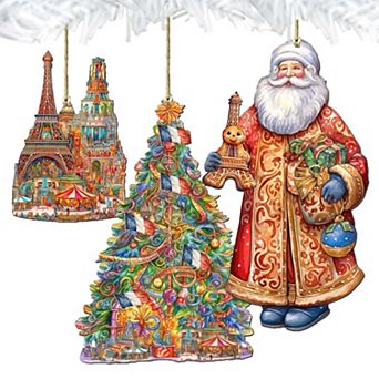 Santa Around The World - French Santa - Christmas Wooden Ornaments Set Of 3 By G. Debrekht