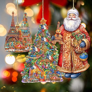 Santa Around The World - French Santa - Christmas Wooden Ornaments Set Of 3 By G. Debrekht