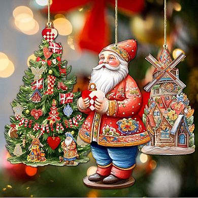 Santa Around The World - Danish Santa - Christmas Wooden Ornaments Set Of 3 By G. Debrekht