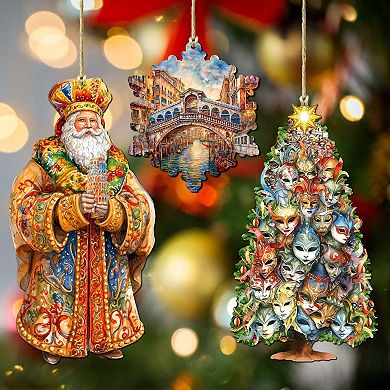 Santa Around The World - Italian Santa - Christmas Wooden Ornaments Set Of 3 By G. Debrekht